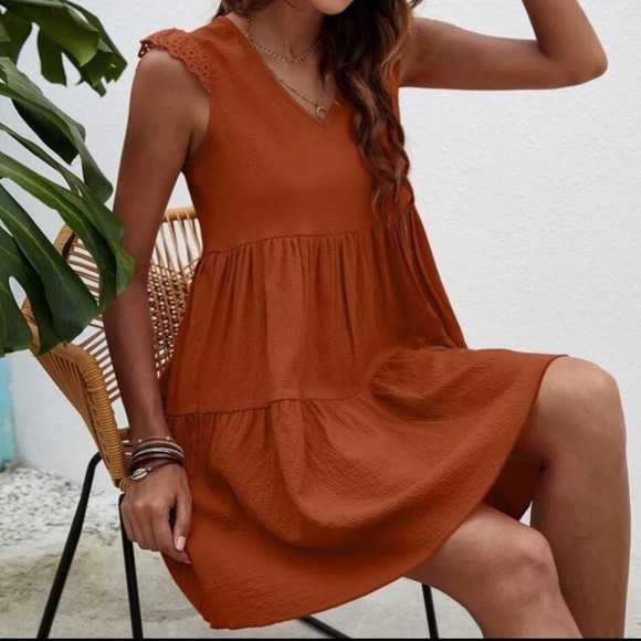 Terracotta eyelet embroidered cap sleeve V-neck high waist smock dress Sz S - Picture 6 of 12